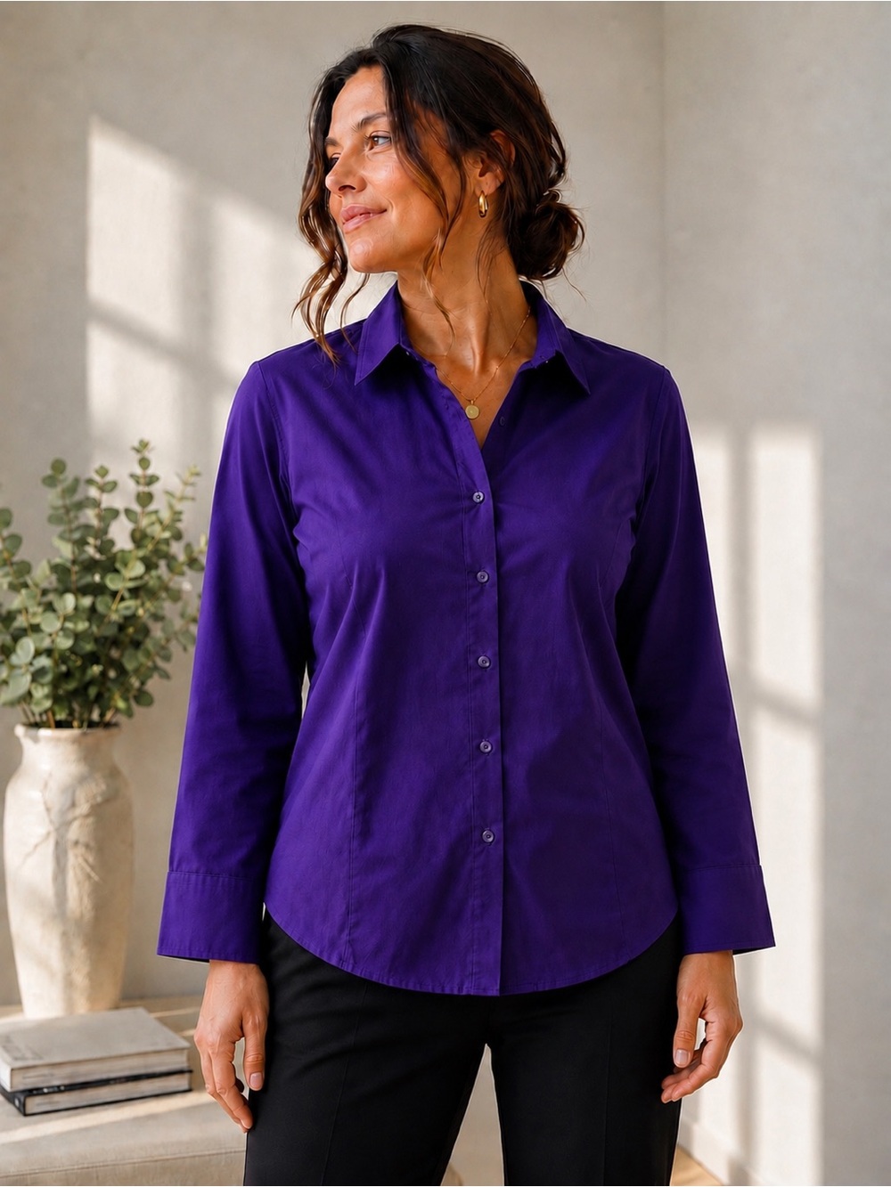 Talbots Purple Stretch Button Front Blouse Size 18 Career Office Top